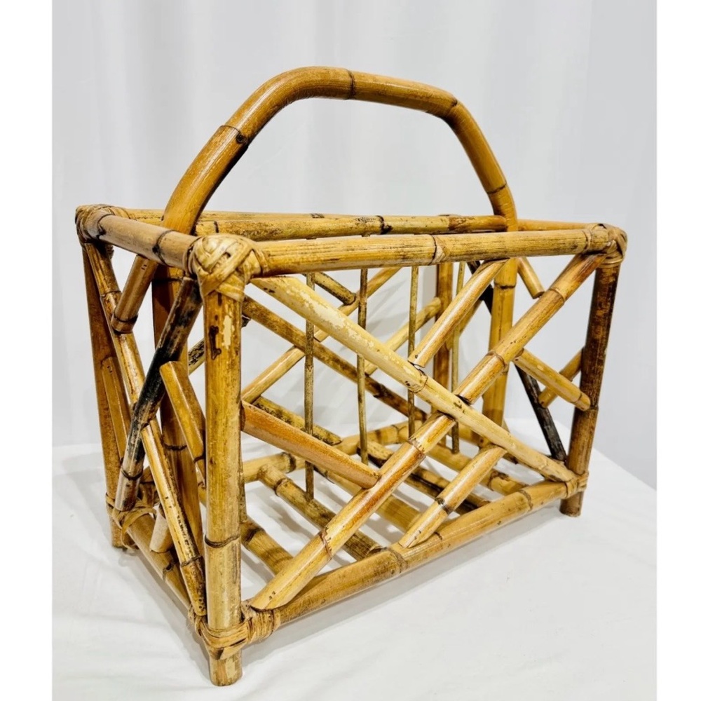 Vintage Scorched Bamboo & Bent Rattan Magazine Holder